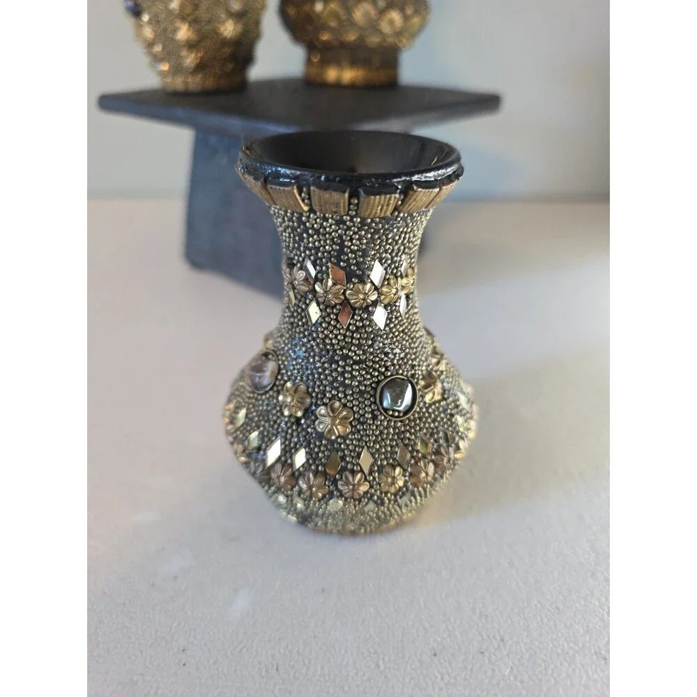 Set Of 3 Vtg Ceramic Bud Vases Hand Decorated w/ Beads, Mirrors, Natural Stones
